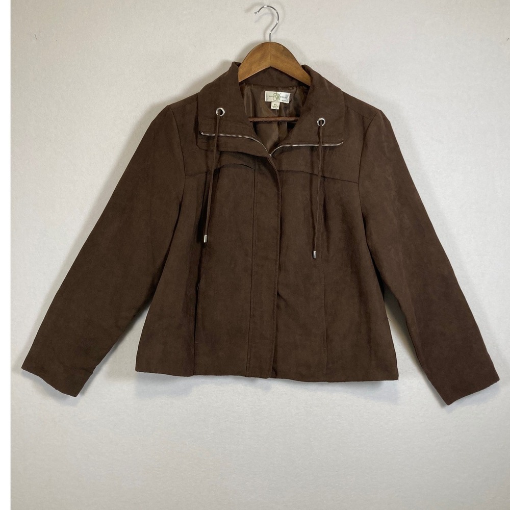 Dark‎ Academia Studio Works Women PL Brown Faux Suede Zip Up Drawstring Jacket